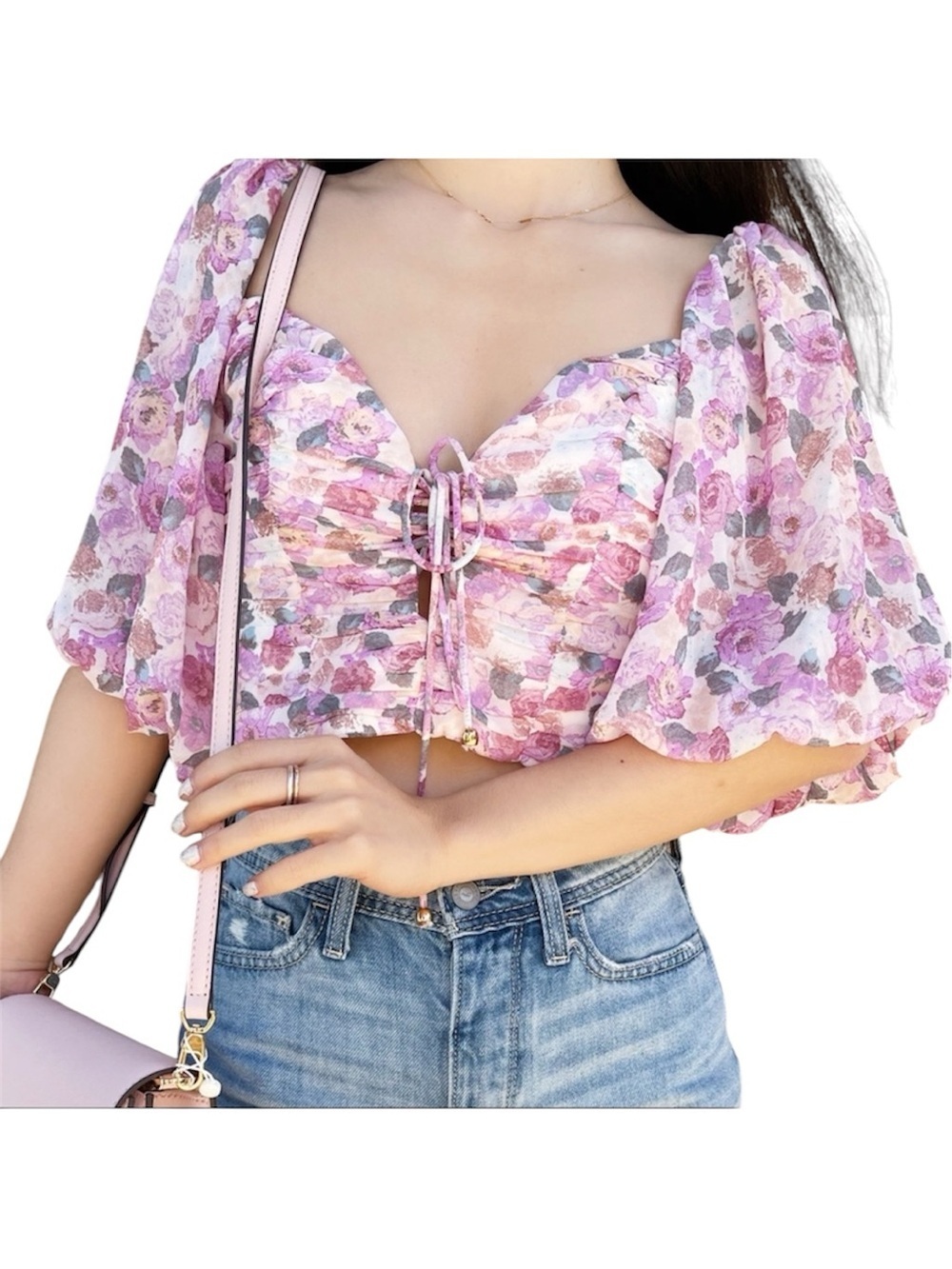 NWT Juliana’s Floral Smocked Ruched Tie Front Square Neck Milkmaid Sleeve Top M